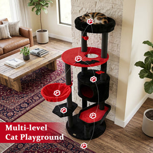 60 inches Gothic Cat Tower with Plush Perch and Spider Hanging Toys for Black Halloween-Red view 7
