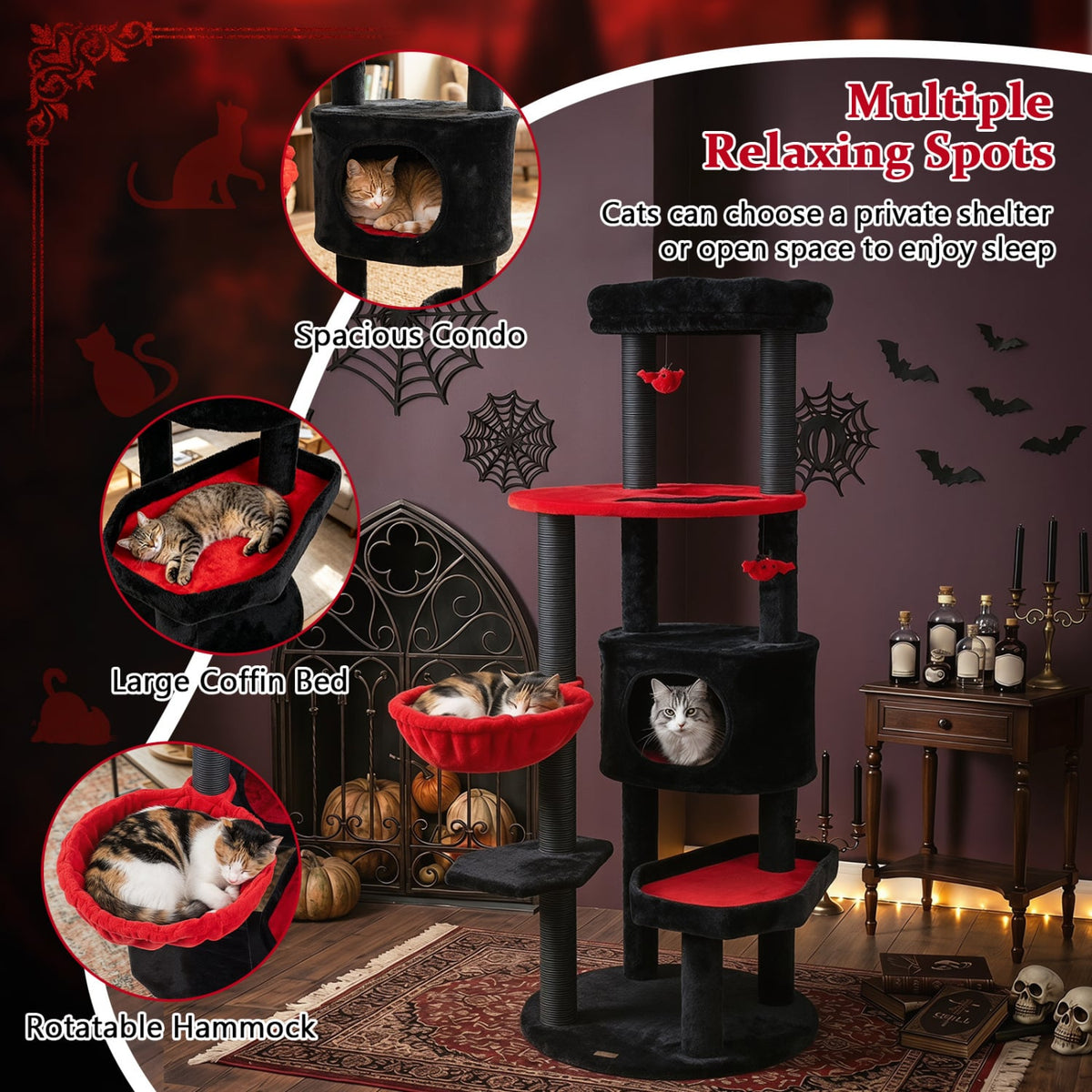 60 inches Gothic Cat Tower with Plush Perch and Spider Hanging Toys for Black Halloween-Red view 8