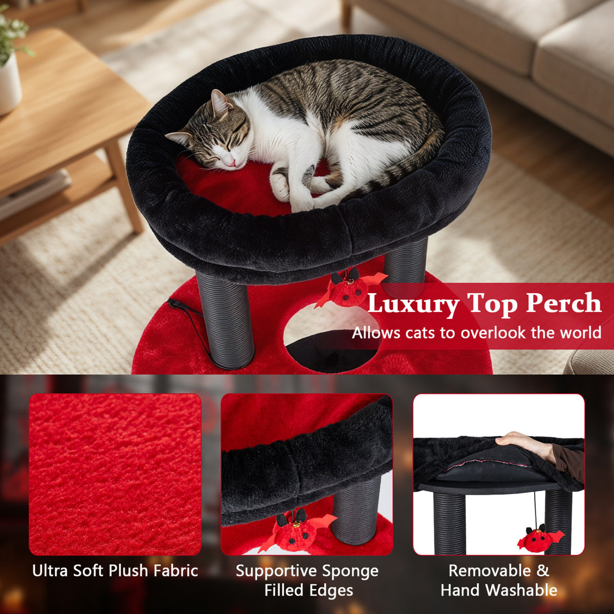 60 inches Gothic Cat Tower with Plush Perch and Spider Hanging Toys for Black Halloween-Red view 9