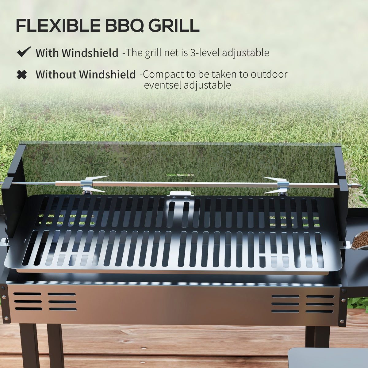 BBQ Rotisserie Grill Charcoal, Split Roaster for Chicken Turkey, 3-Level Grill Grate, Storage Shelves, Stainless Steel