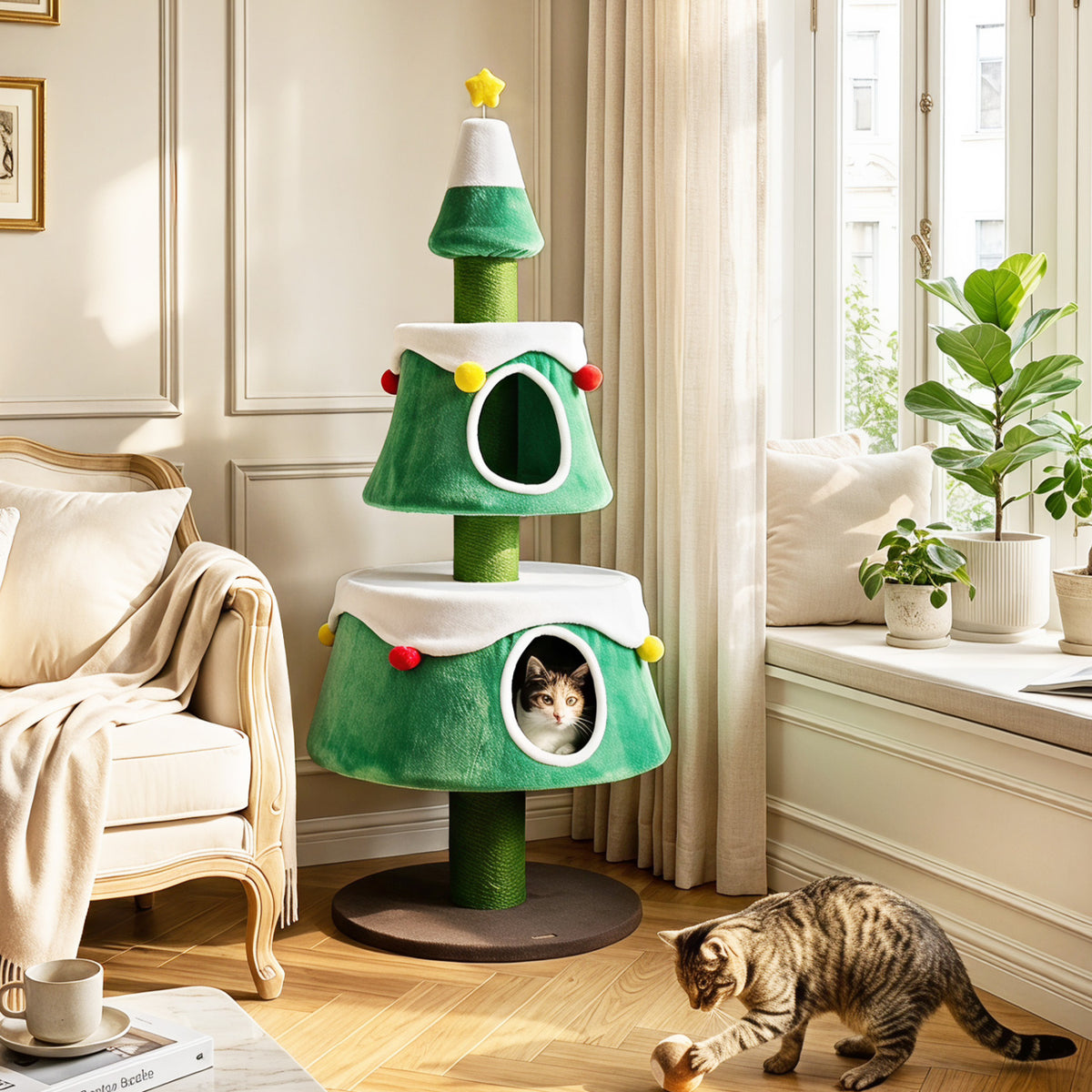 61.5 inches Cat Christmas Tree for Indoor Kittens with 2 Large Condos Star Spring Toy and Decorative Balls-Green view 2