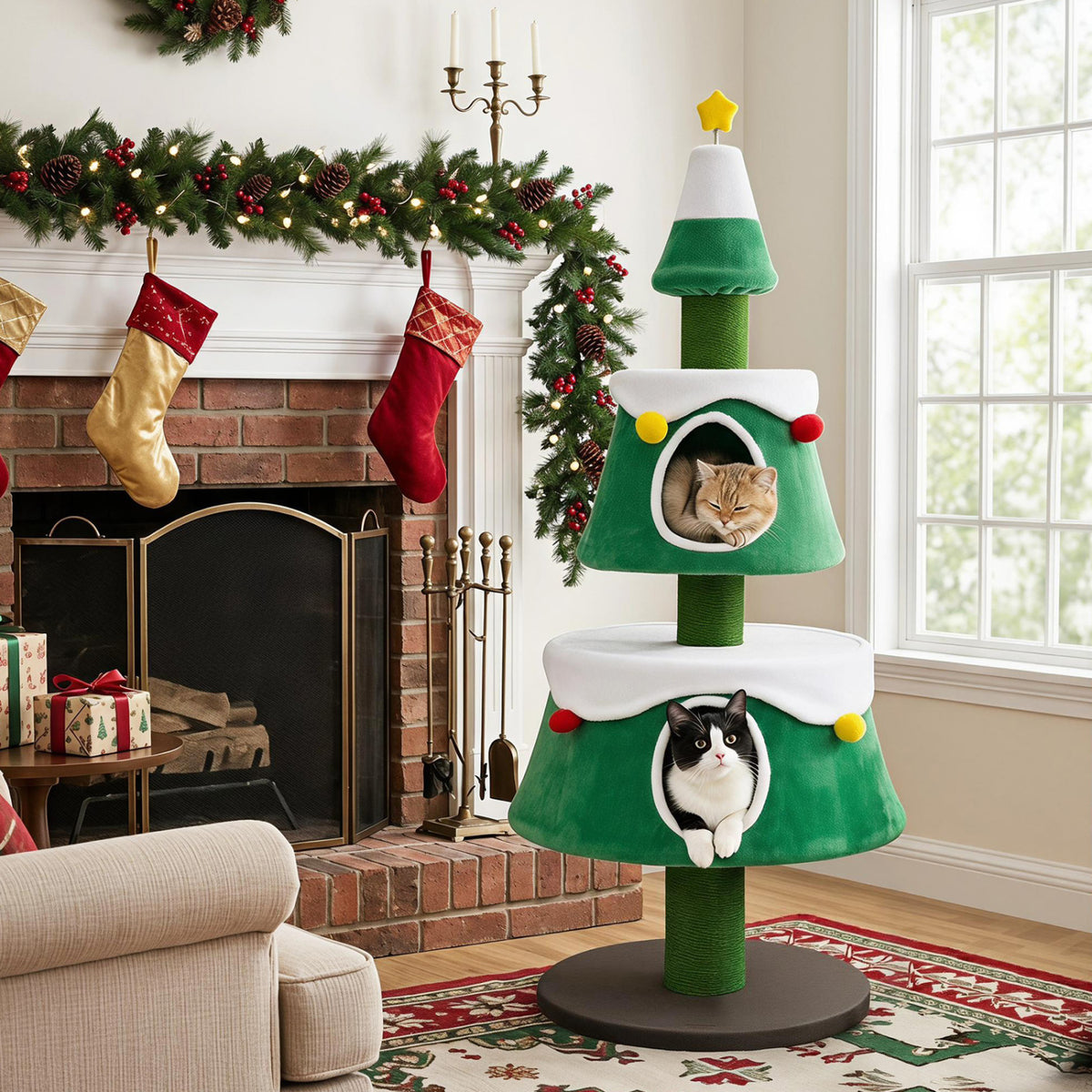 61.5 inches Cat Christmas Tree for Indoor Kittens with 2 Large Condos Star Spring Toy and Decorative Balls-Green view 3
