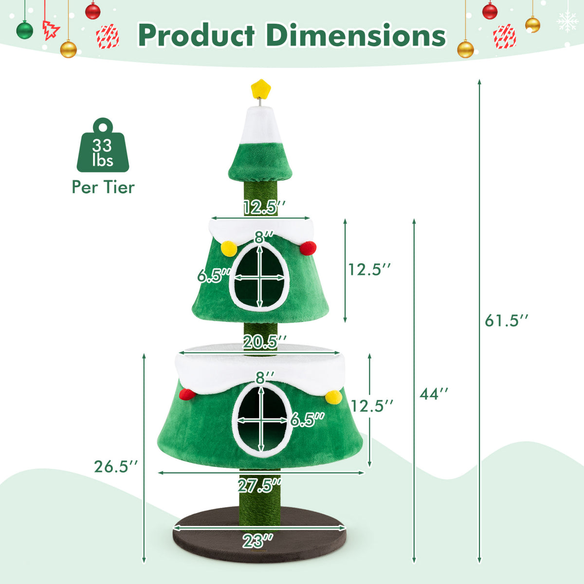 61.5 inches Cat Christmas Tree for Indoor Kittens with 2 Large Condos Star Spring Toy and Decorative Balls-Green view 5