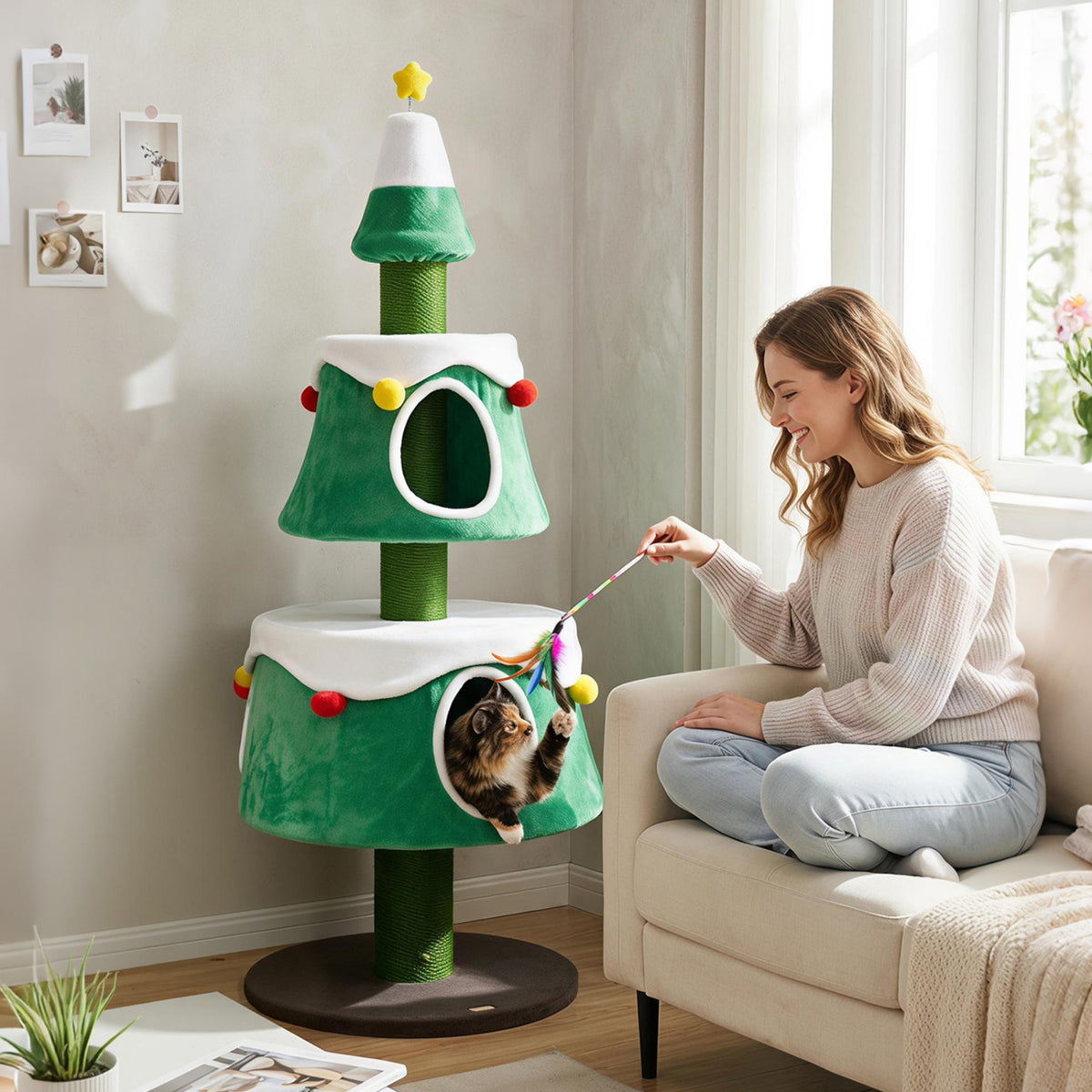 61.5 inches Cat Christmas Tree for Indoor Kittens with 2 Large Condos Star Spring Toy and Decorative Balls-Green view 6