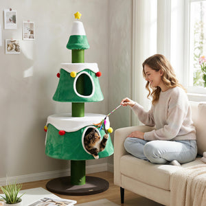61.5 inches Cat Christmas Tree for Indoor Kittens with 2 Large Condos Star Spring Toy and Decorative Balls-Green view 6