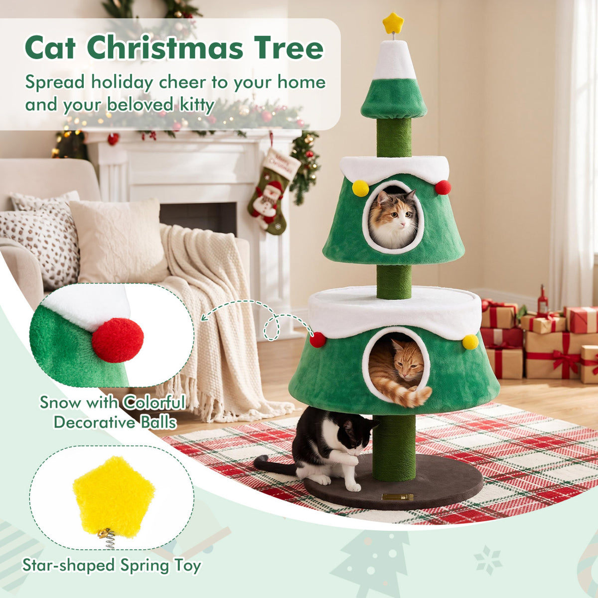 61.5 inches Cat Christmas Tree for Indoor Kittens with 2 Large Condos Star Spring Toy and Decorative Balls-Green view 7