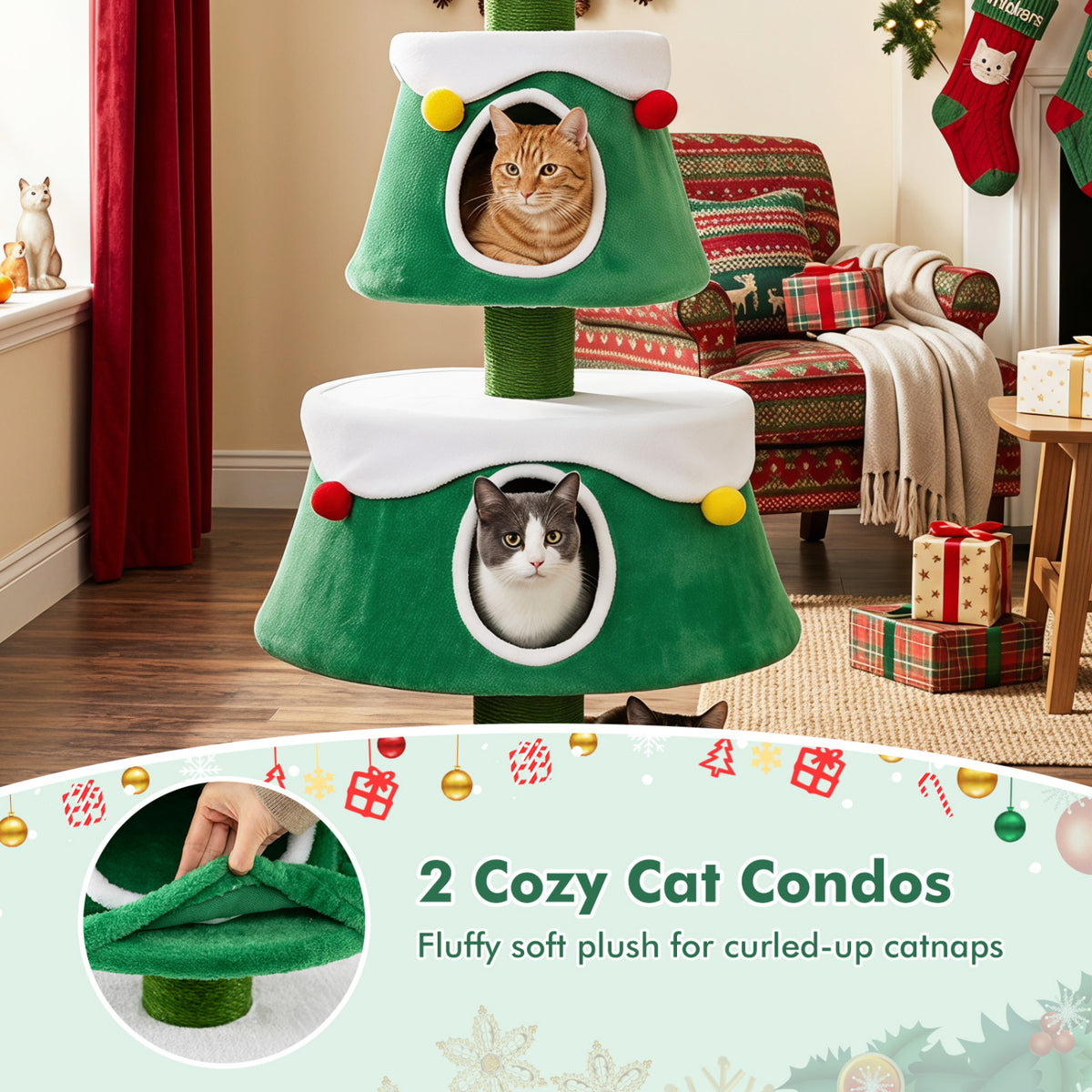 61.5 inches Cat Christmas Tree for Indoor Kittens with 2 Large Condos Star Spring Toy and Decorative Balls-Green view 8