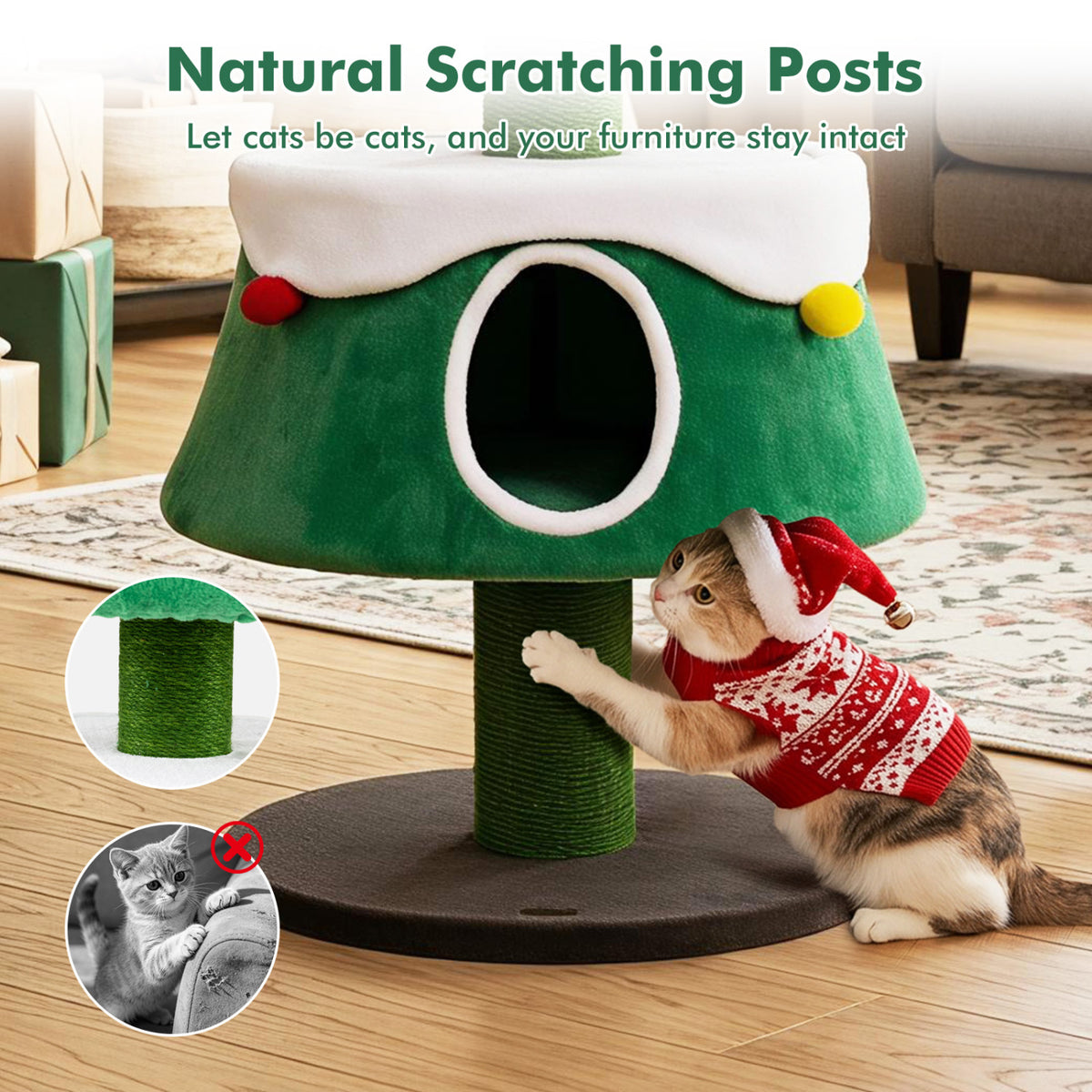 61.5 inches Cat Christmas Tree for Indoor Kittens with 2 Large Condos Star Spring Toy and Decorative Balls-Green view 9