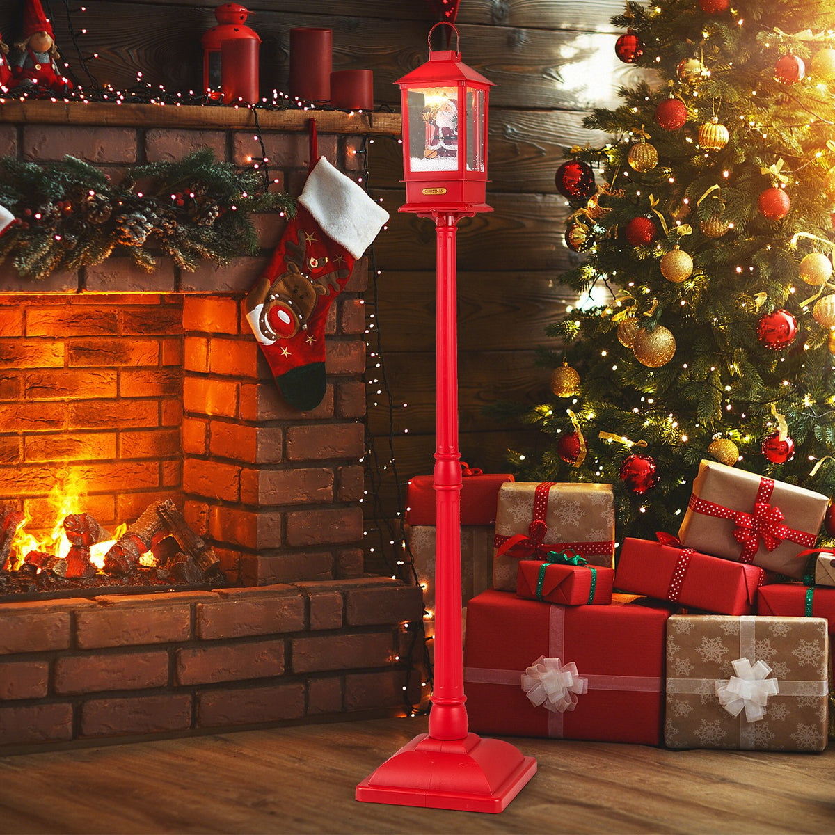 61 Inch Christmas Musical Street Lamp Post with Detachable Snow Globe Lantern-Red view 2