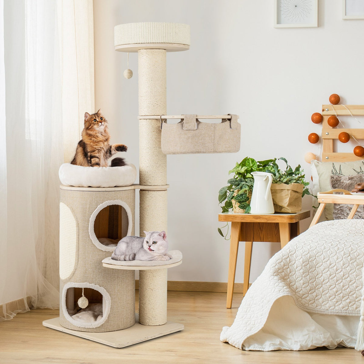 61 Inches Cat Tree for Indoor Cats with 2-stoery Condo and Top Perch-Natural view 3