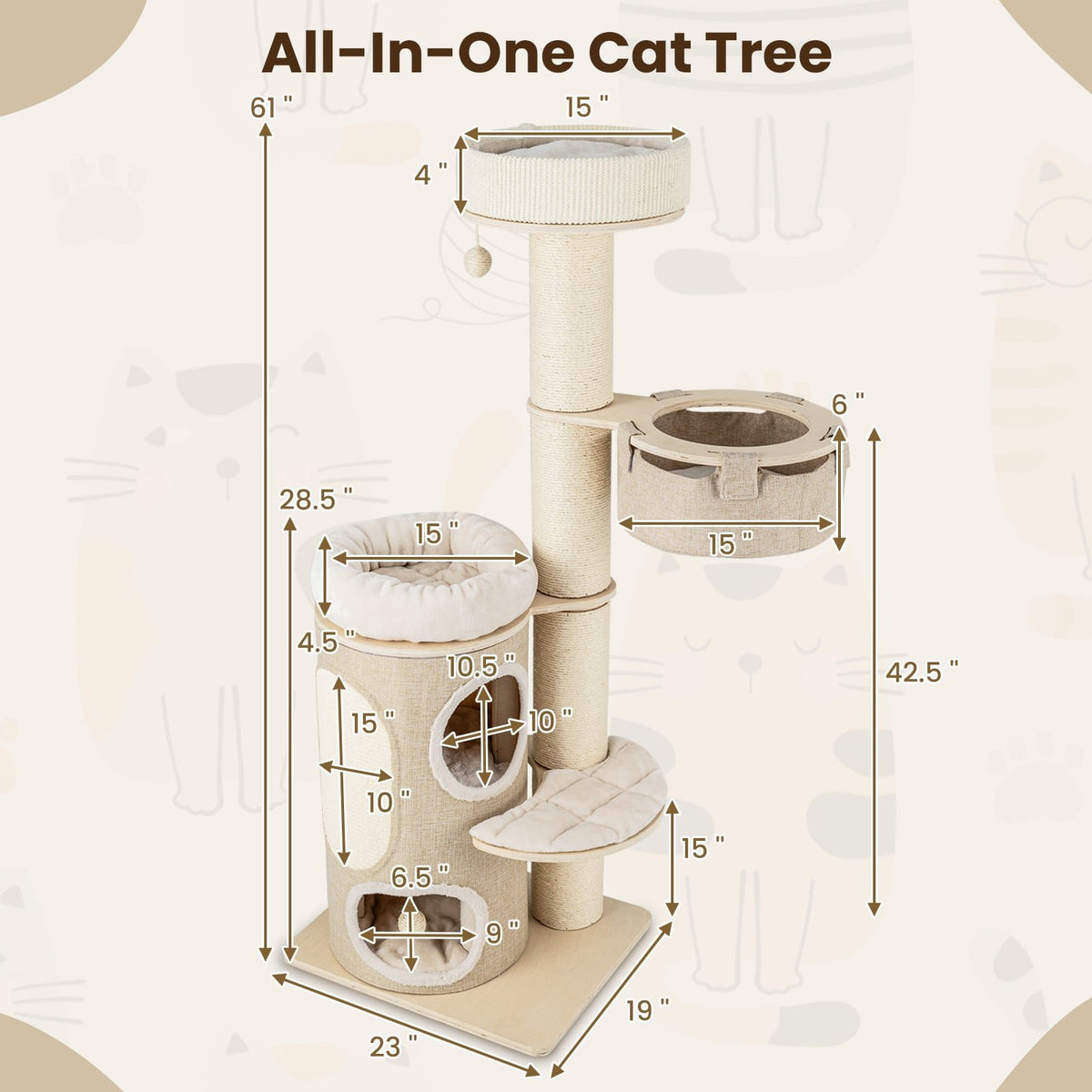 61 Inches Cat Tree for Indoor Cats with 2-stoery Condo and Top Perch-Natural view 4