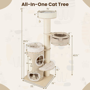 61 Inches Cat Tree for Indoor Cats with 2-stoery Condo and Top Perch-Natural view 4