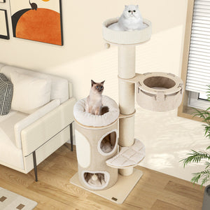 61 Inches Cat Tree for Indoor Cats with 2-stoery Condo and Top Perch-Natural view 5