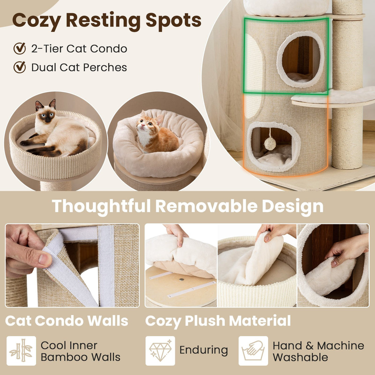 61 Inches Cat Tree for Indoor Cats with 2-stoery Condo and Top Perch-Natural view 7