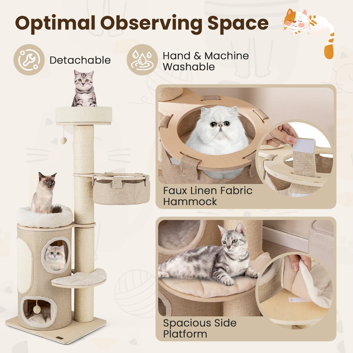 61 Inches Cat Tree for Indoor Cats with 2-stoery Condo and Top Perch-Natural view 8