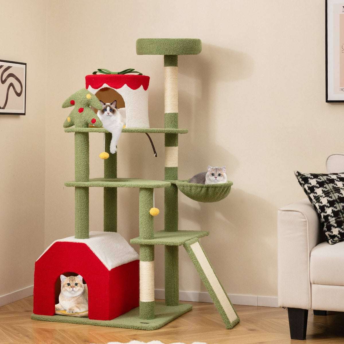61 Inches Cute Christmas Cat Tree with Sisal Scratching Posts and 2 Condos-Green view 2
