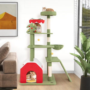 61 Inches Cute Christmas Cat Tree with Sisal Scratching Posts and 2 Condos-Green view 3