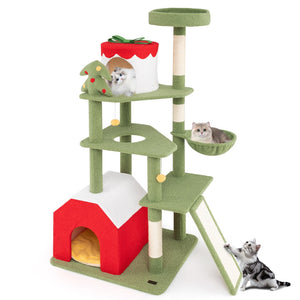 61 Inches Cute Christmas Cat Tree with Sisal Scratching Posts and 2 Condos-Green view 4
