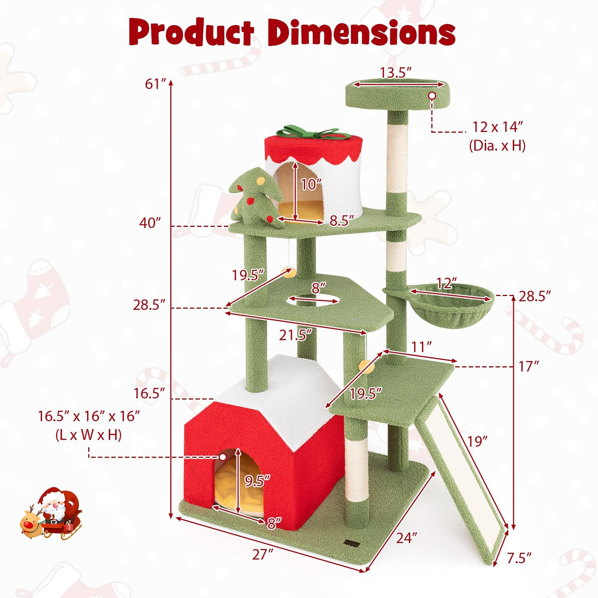 61 Inches Cute Christmas Cat Tree with Sisal Scratching Posts and 2 Condos-Green view 5