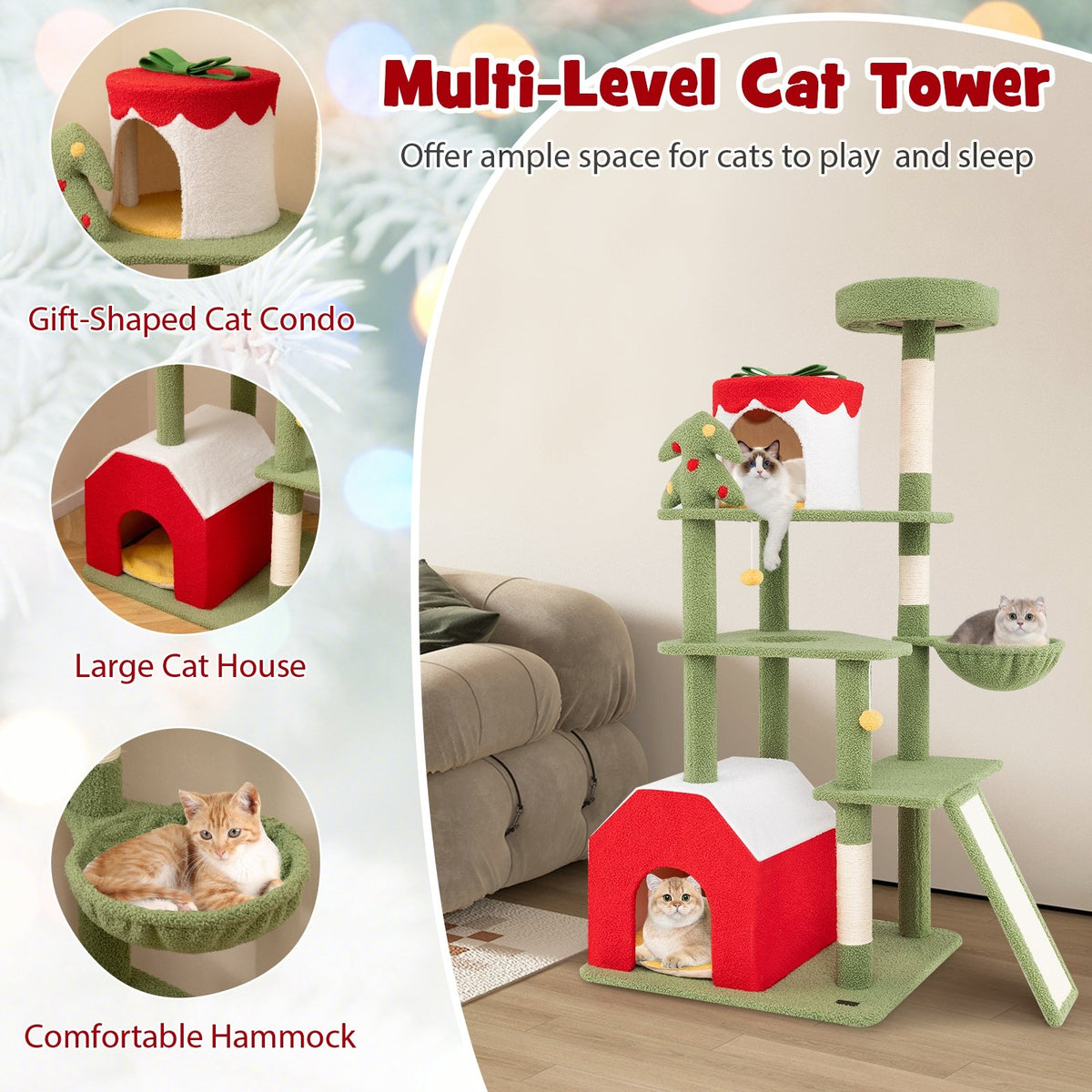 61 Inches Cute Christmas Cat Tree with Sisal Scratching Posts and 2 Condos-Green view 6