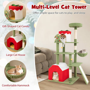 61 Inches Cute Christmas Cat Tree with Sisal Scratching Posts and 2 Condos-Green view 6