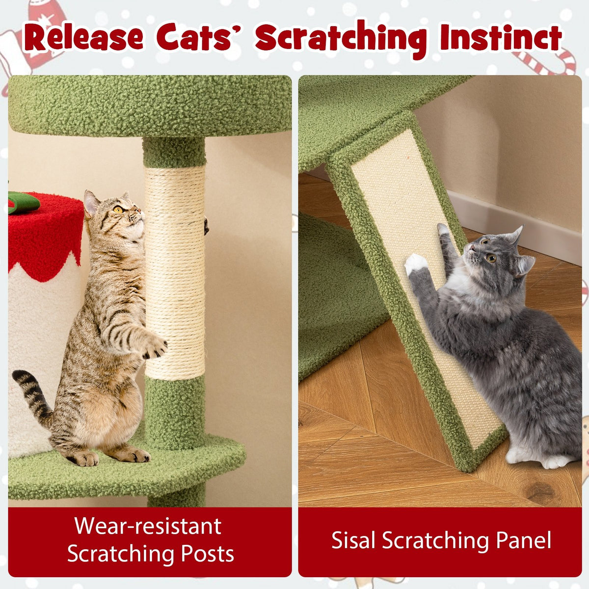 61 Inches Cute Christmas Cat Tree with Sisal Scratching Posts and 2 Condos-Green view 7