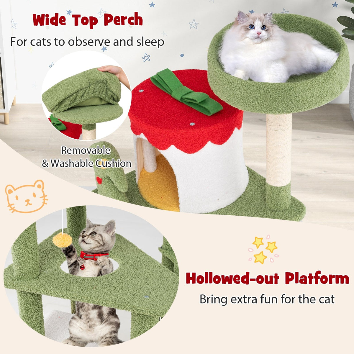 61 Inches Cute Christmas Cat Tree with Sisal Scratching Posts and 2 Condos-Green view 8