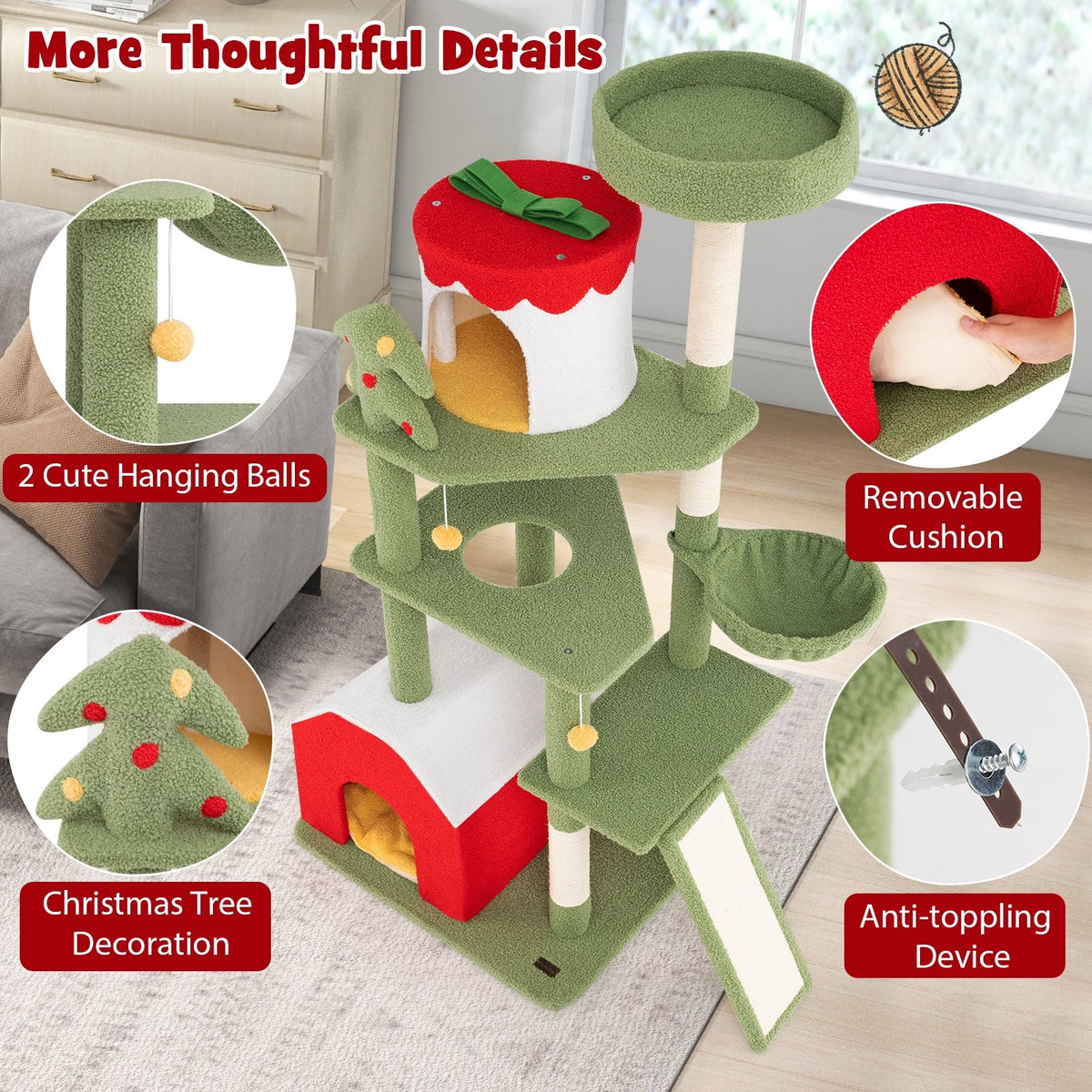 61 Inches Cute Christmas Cat Tree with Sisal Scratching Posts and 2 Condos-Green view 9