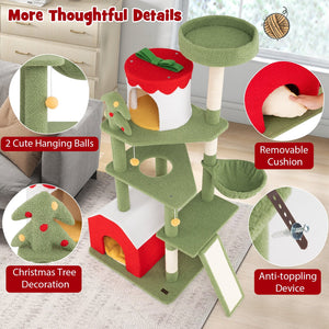 61 Inches Cute Christmas Cat Tree with Sisal Scratching Posts and 2 Condos-Green view 9