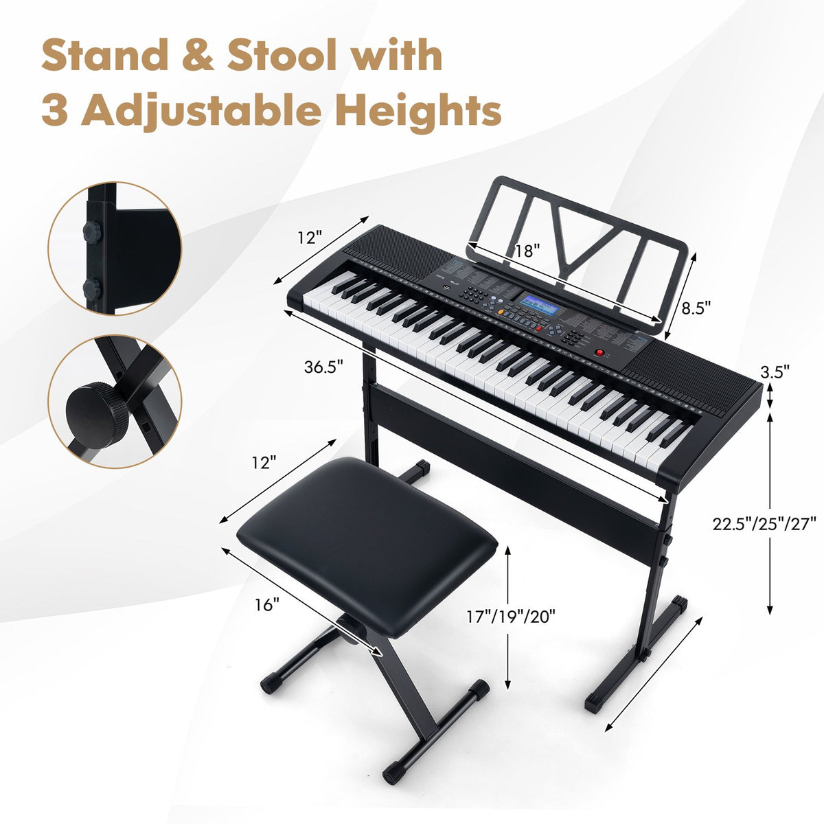 61-Key Portable Electronic Keyboard Piano with Stand and Stool view 4