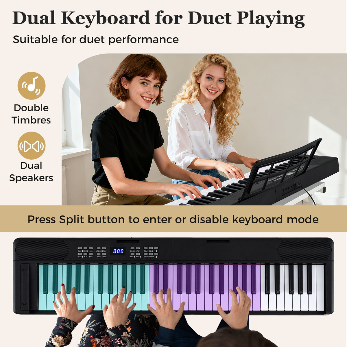 61-Key Foldable Piano Keyboard Full-size Electronic Keyboard with MIDI and Split Function-Black view 8
