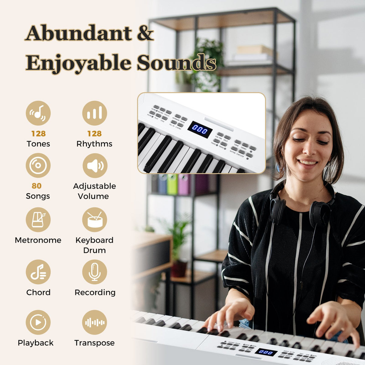 61-Key Foldable Piano Keyboard Full-size Electronic Keyboard with MIDI and Split Function-White view 6