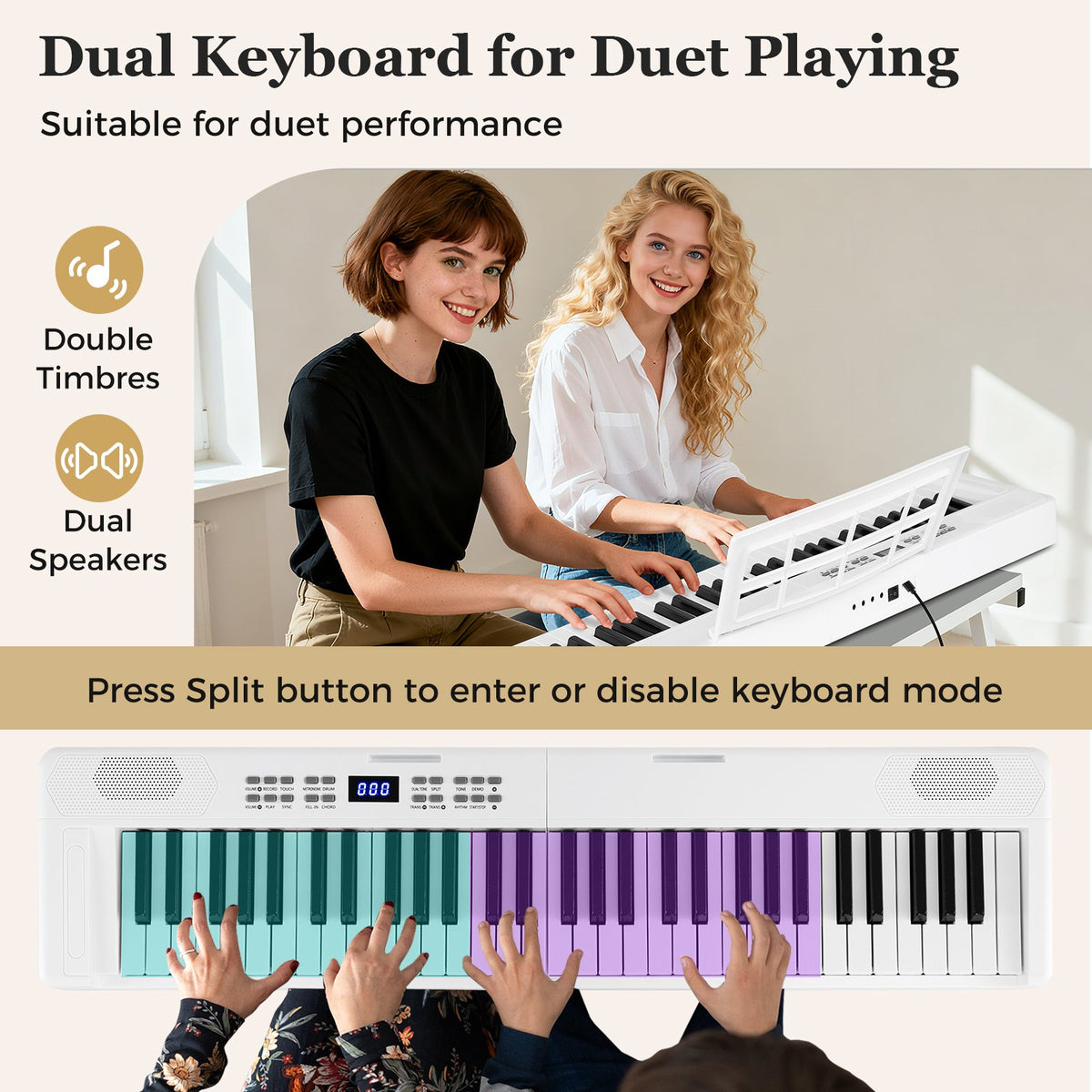 61-Key Foldable Piano Keyboard Full-size Electronic Keyboard with MIDI and Split Function-White view 8