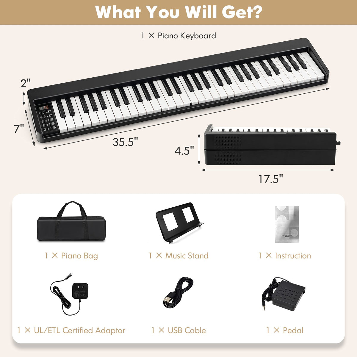 61-Key Folding Piano Keyboard with Full Size Keys and Music Stand-Black view 4