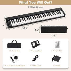 61-Key Folding Piano Keyboard with Full Size Keys and Music Stand-Black view 4