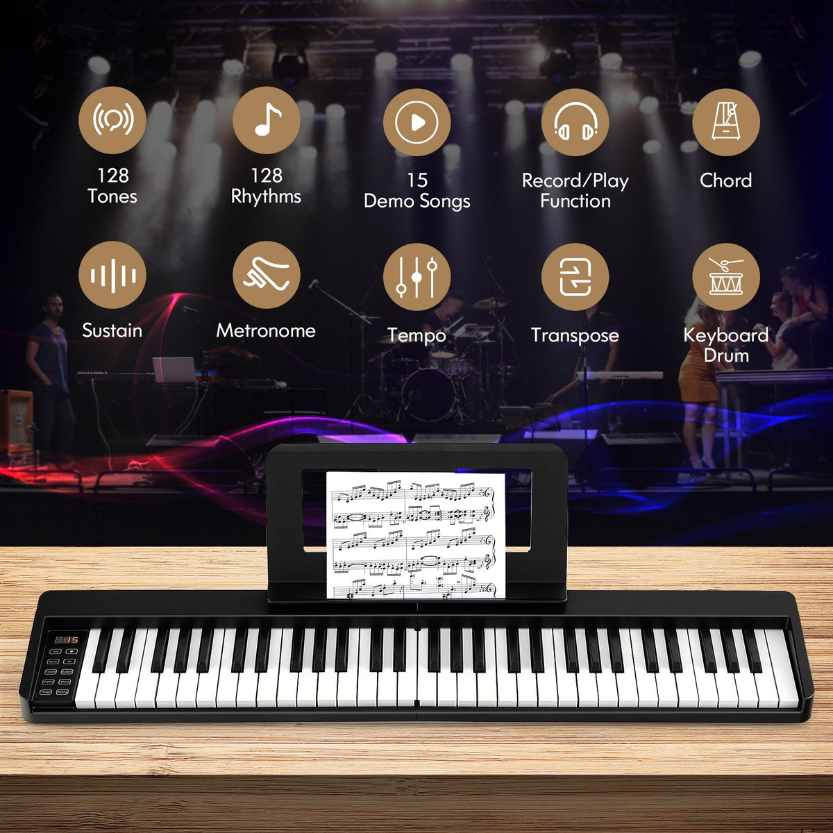 61-Key Folding Piano Keyboard with Full Size Keys and Music Stand-Black view 5
