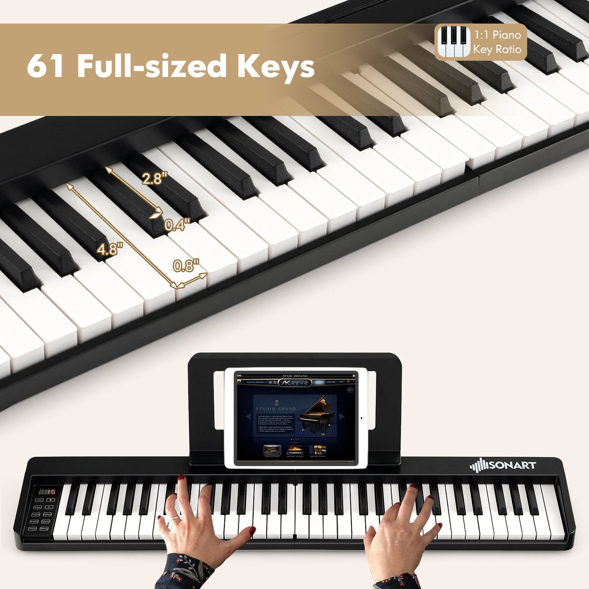 61-Key Folding Piano Keyboard with Full Size Keys and Music Stand-Black view 7