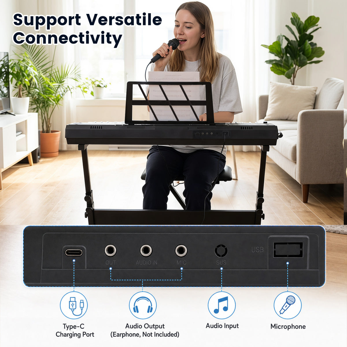 61 Key Keyboard Piano for Beginners with Stand Stool Lighted Keys-Black view 7