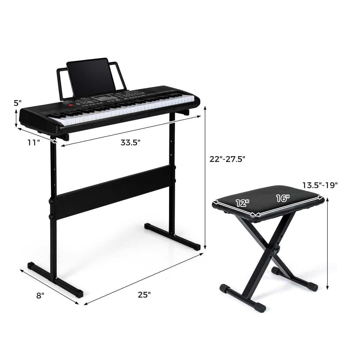 61 Keys Beginners Piano Keyboard Electric Keyboard Kit with Adjustable Stand and Stool-Black view 4