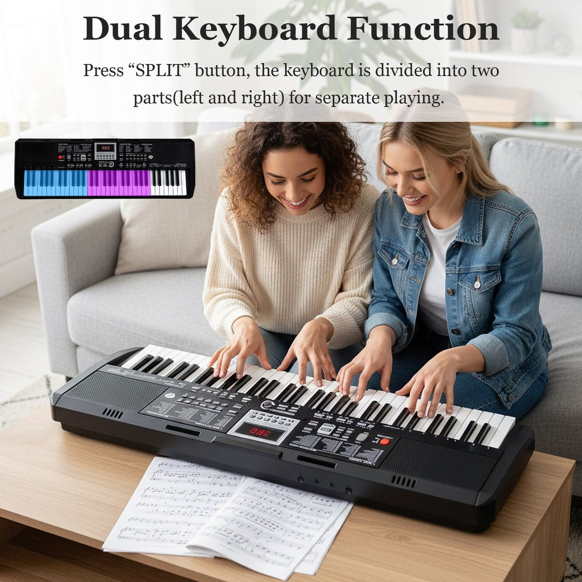 61 Keys Beginners Piano Keyboard Electric Keyboard Kit with Adjustable Stand and Stool-Black view 6