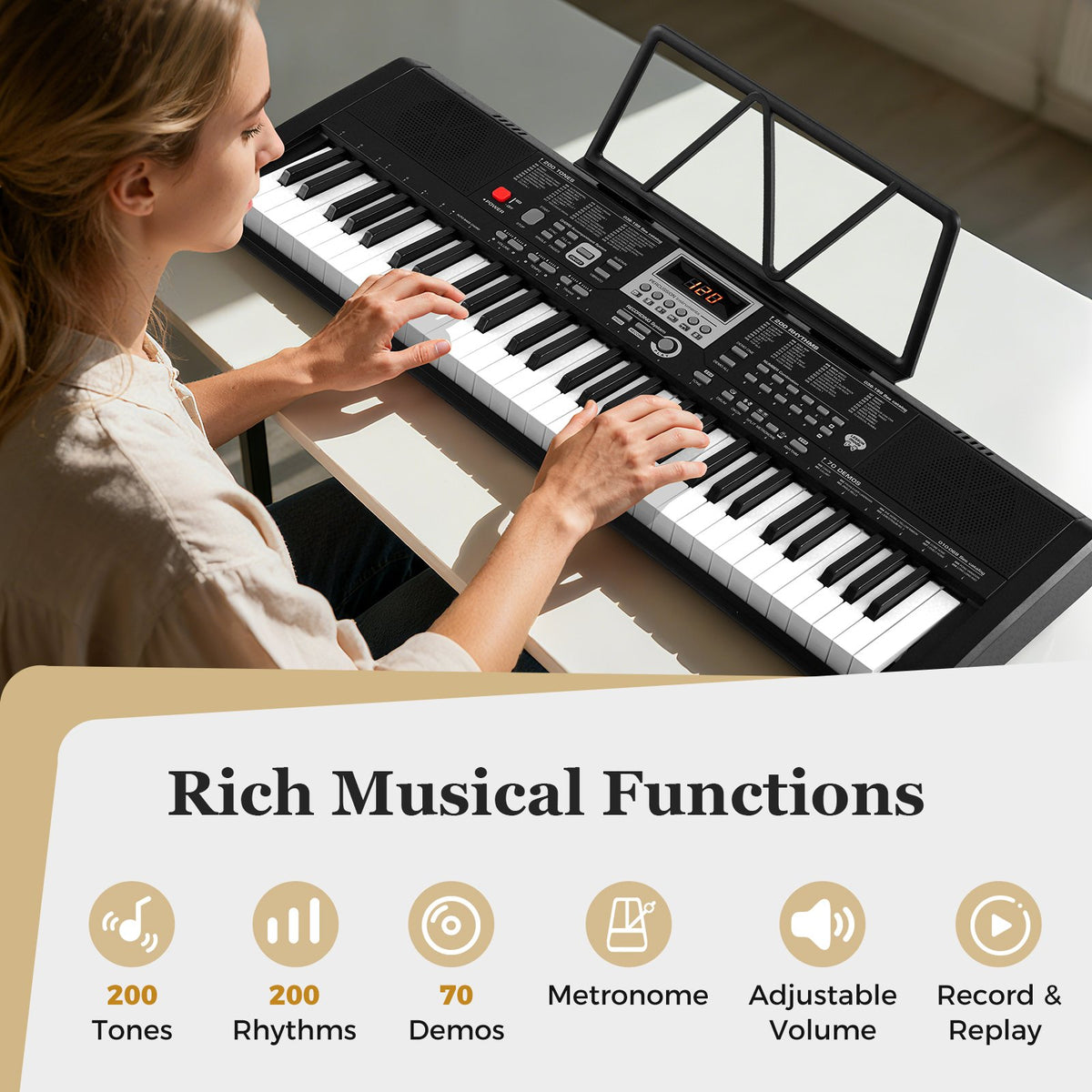 61 Keys Portable Keyboard for Beginners Electric Piano Keyboard Kit with 200 Rhythms and 200 Tones-Black view 5