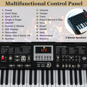 61 Keys Portable Keyboard for Beginners Electric Piano Keyboard Kit with 200 Rhythms and 200 Tones-Black view 6