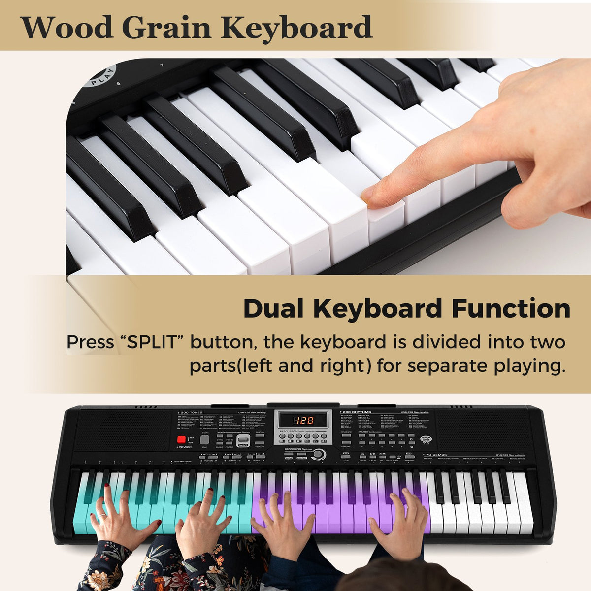 61 Keys Portable Keyboard for Beginners Electric Piano Keyboard Kit with 200 Rhythms and 200 Tones-Black view 8