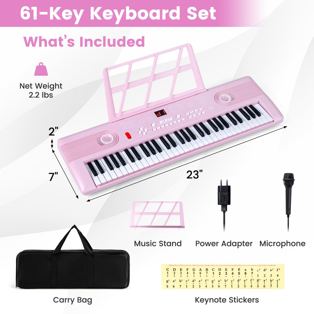 61 Key Electric Portable Digital Keyboard Piano for Beginner-Pink view 4