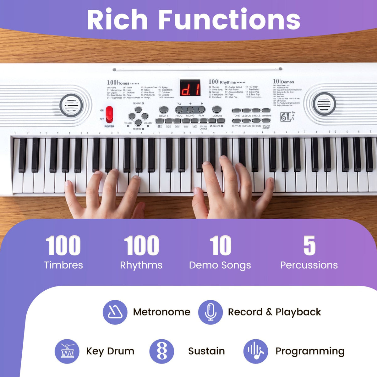 61 Key Electric Portable Digital Keyboard Piano for Beginner-White view 7