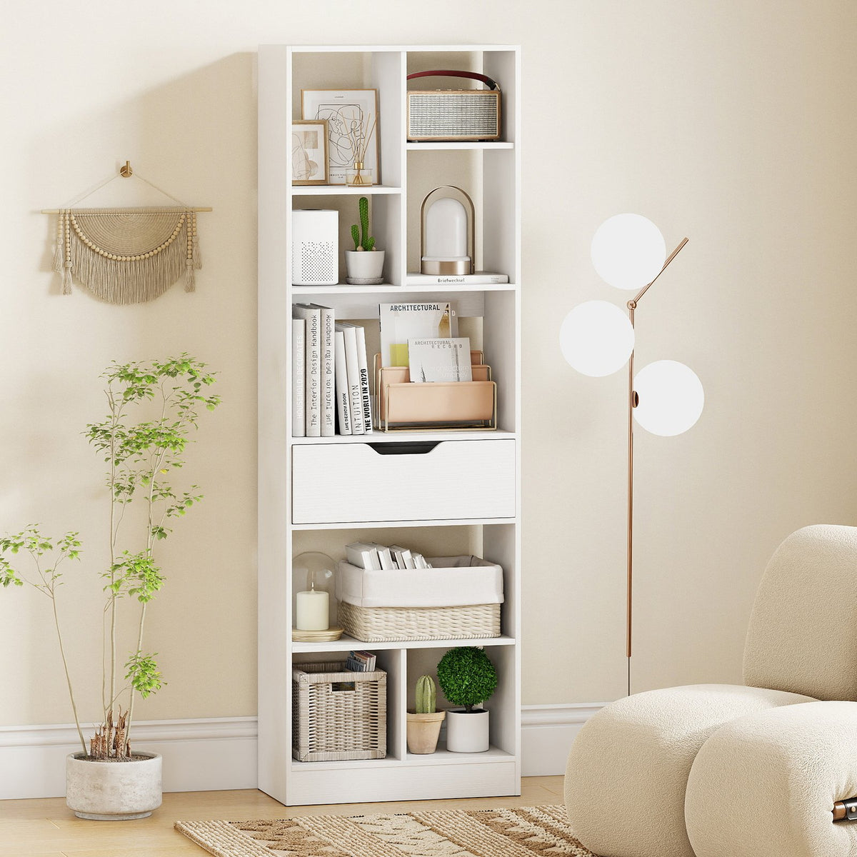 61inch Tall Freestanding Bookcase with Drawer 8-Cube Storage Organizer-White view 2