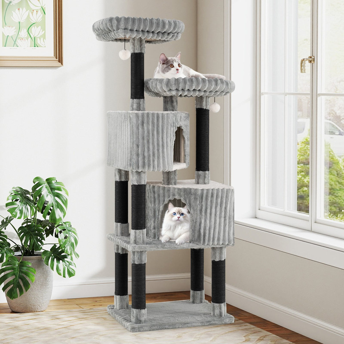 62 Inch Tall Cat Tower with Scratching Posts and Soft Flannel Covering-Light Gray view 3