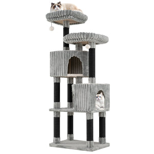 62 Inch Tall Cat Tower with Scratching Posts and Soft Flannel Covering-Light Gray view 4
