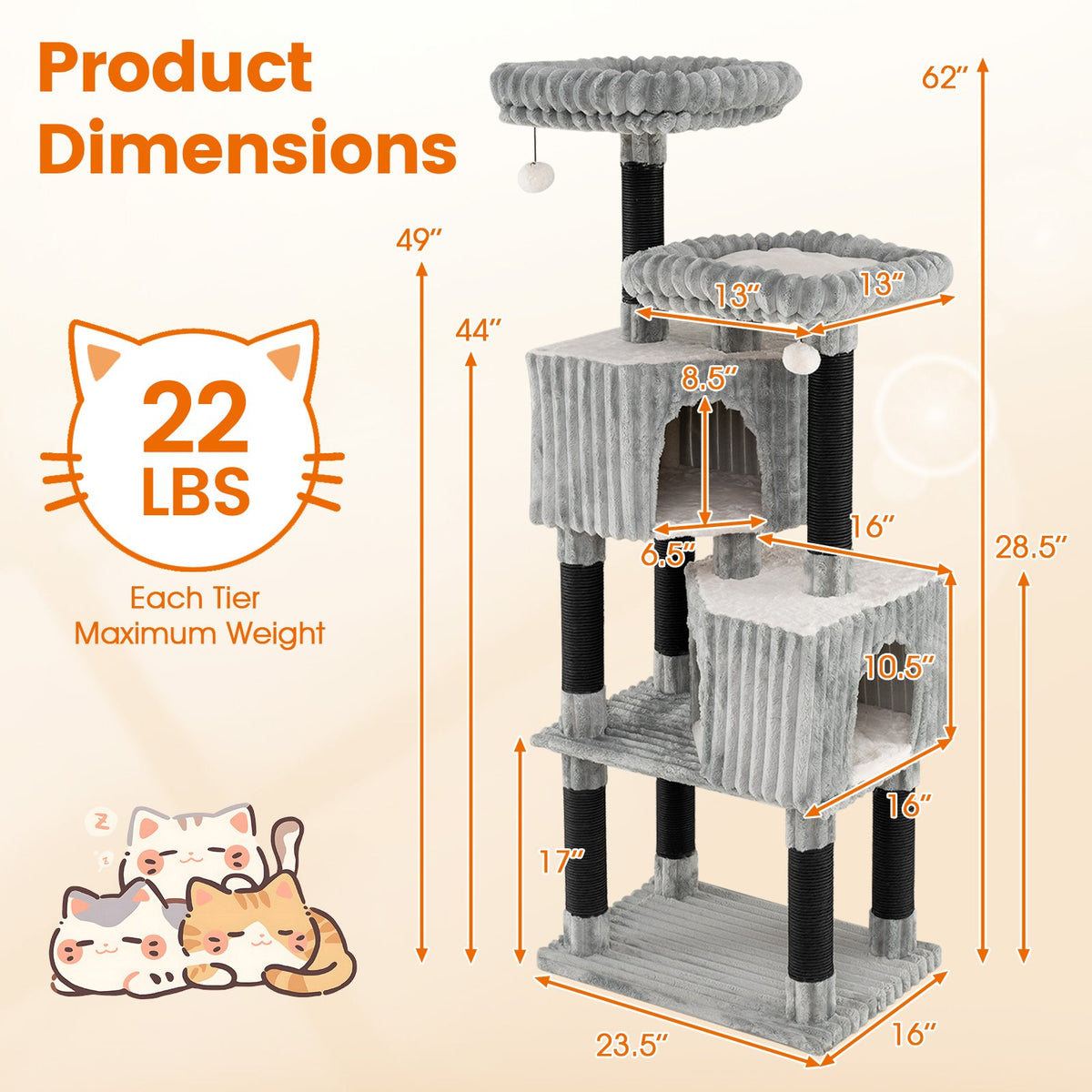 62 Inch Tall Cat Tower with Scratching Posts and Soft Flannel Covering-Light Gray view 5