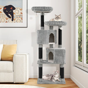 62 Inch Tall Cat Tower with Scratching Posts and Soft Flannel Covering-Light Gray view 6